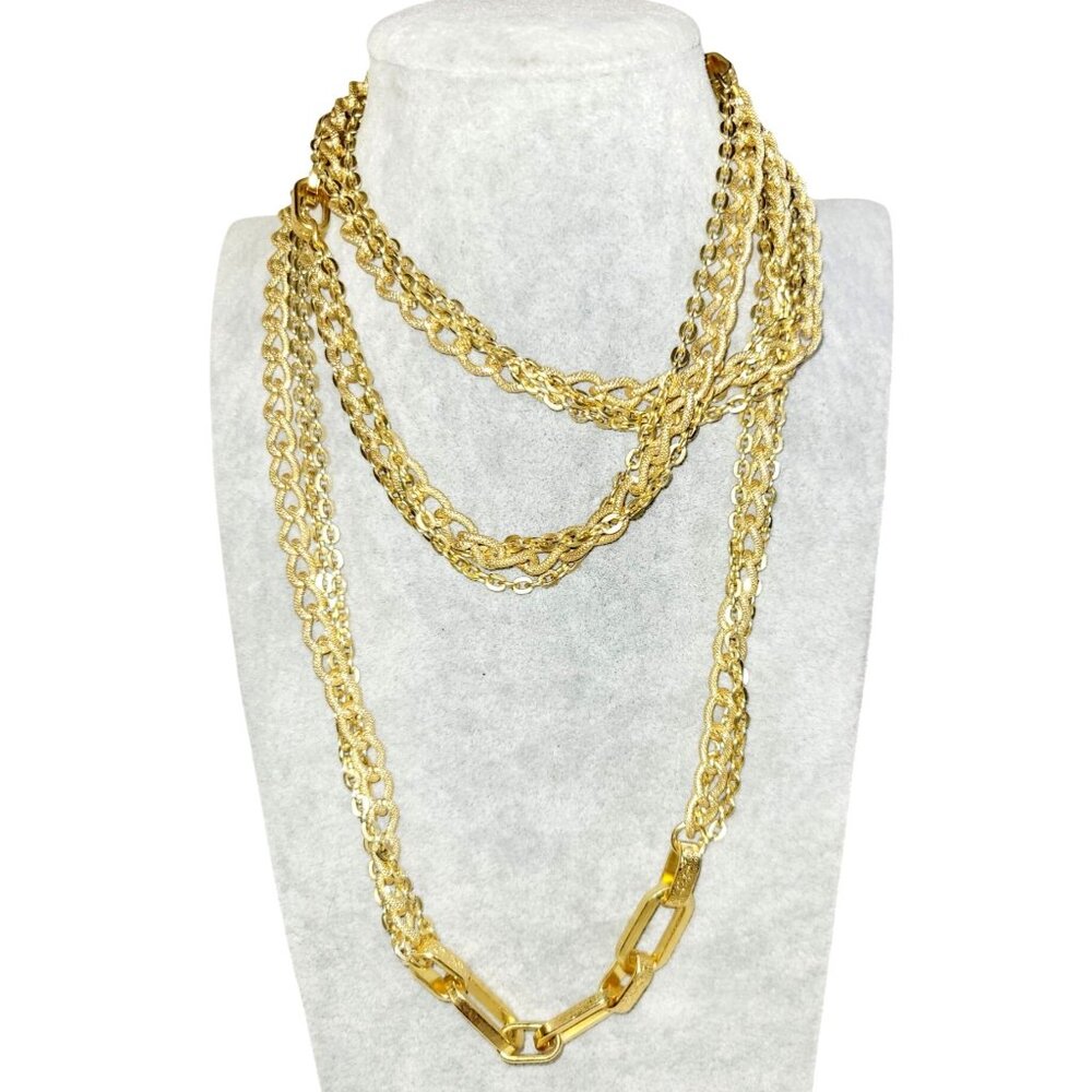 Long Vintage Gold Tone Renaissance Multi Chain Necklace Hoops and Filigree 39"